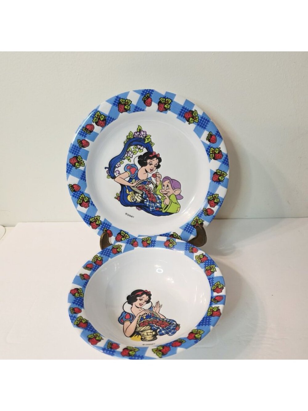 Vtg Disney Snow White Melamine Bowl Plate Strawberry Pattern Selandia Set
